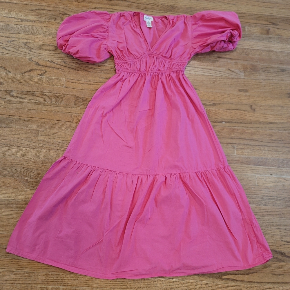 Jessica Simpson Petite Calf Length Pink Puffy Short-Sleeve Spring Summer Dress